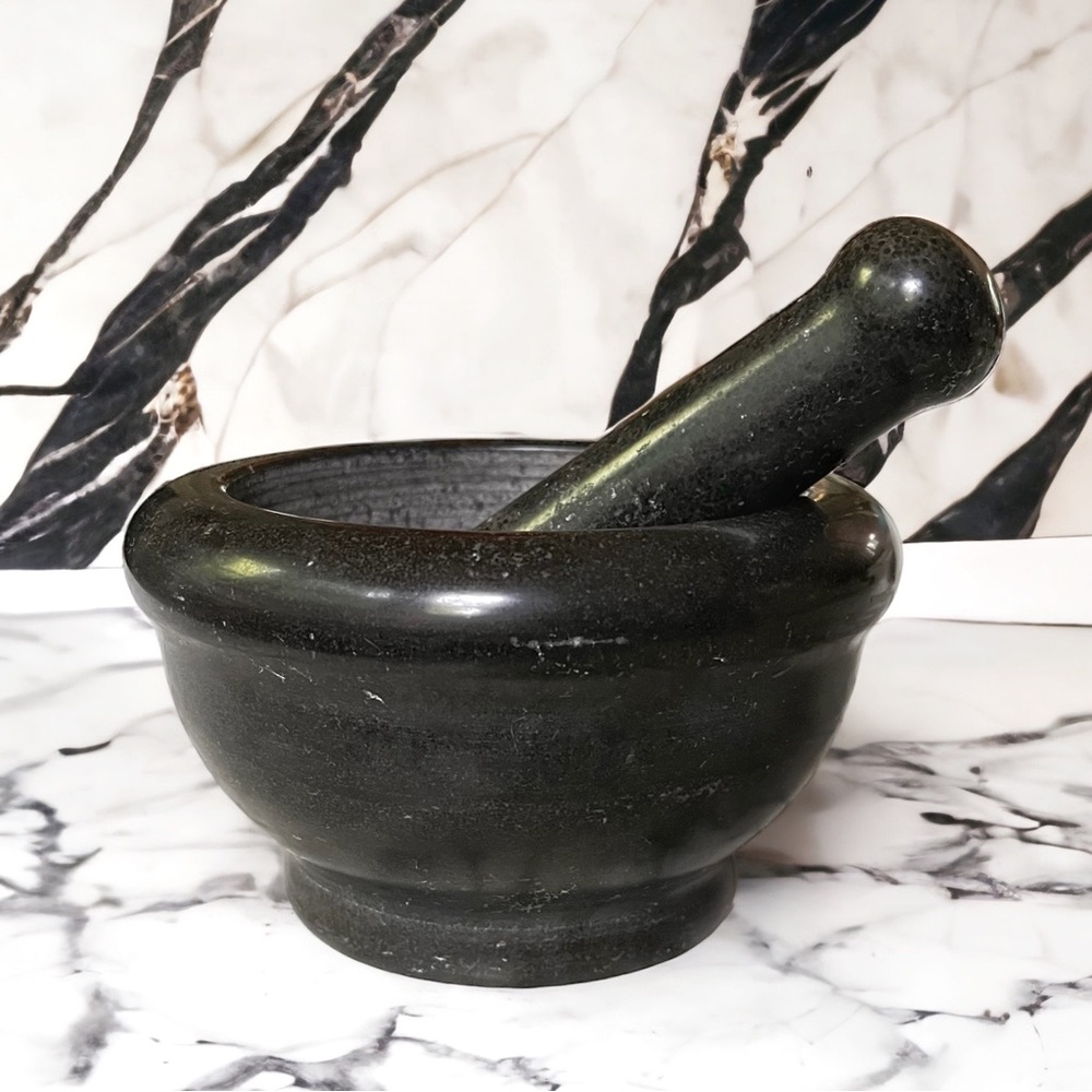 Gorgeous Large Indian Solid Black Marble Mortar & Pestle, 6”